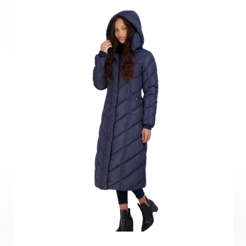 NWT. Steve Madden Navy Blue Hooded Long Puffer Coat Size XS - Picture 4 of 7